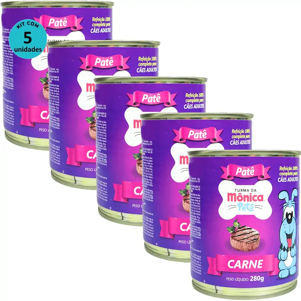 Ração Úmida Turma da Mônica Pets Patê Sabor Carne 280g Cães Adultos Kit 5 un