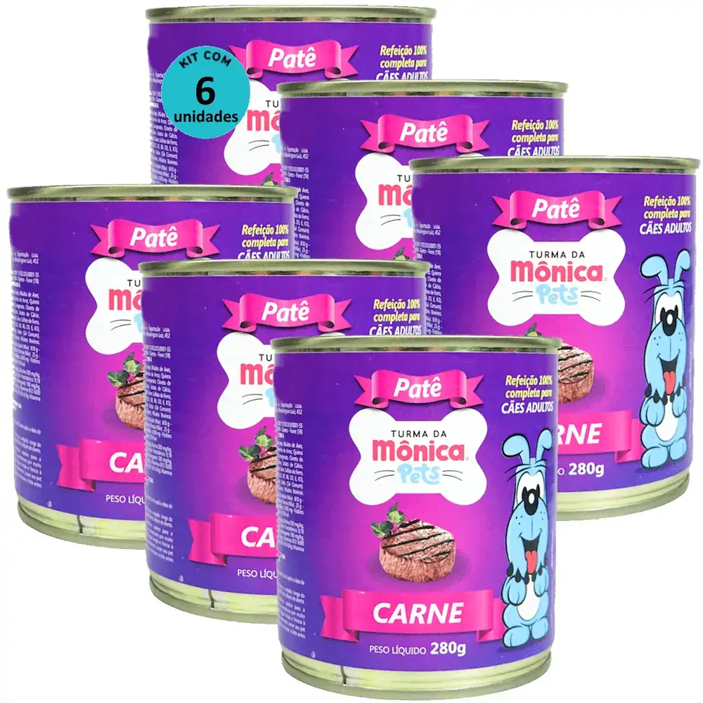 Ração Úmida Turma da Mônica Pets Patê Sabor Carne 280g Cães Adultos Kit 6 un