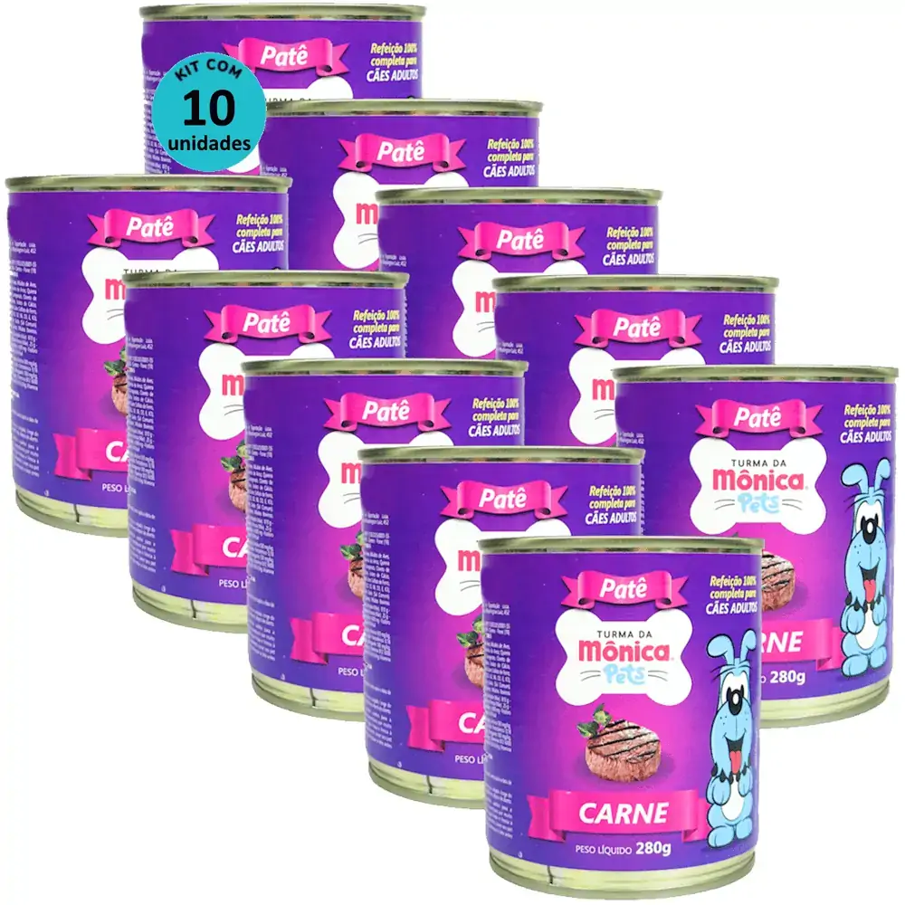 Ração Úmida Turma da Mônica Pets Patê Sabor Carne 280g Cães Adultos Kit 10 un