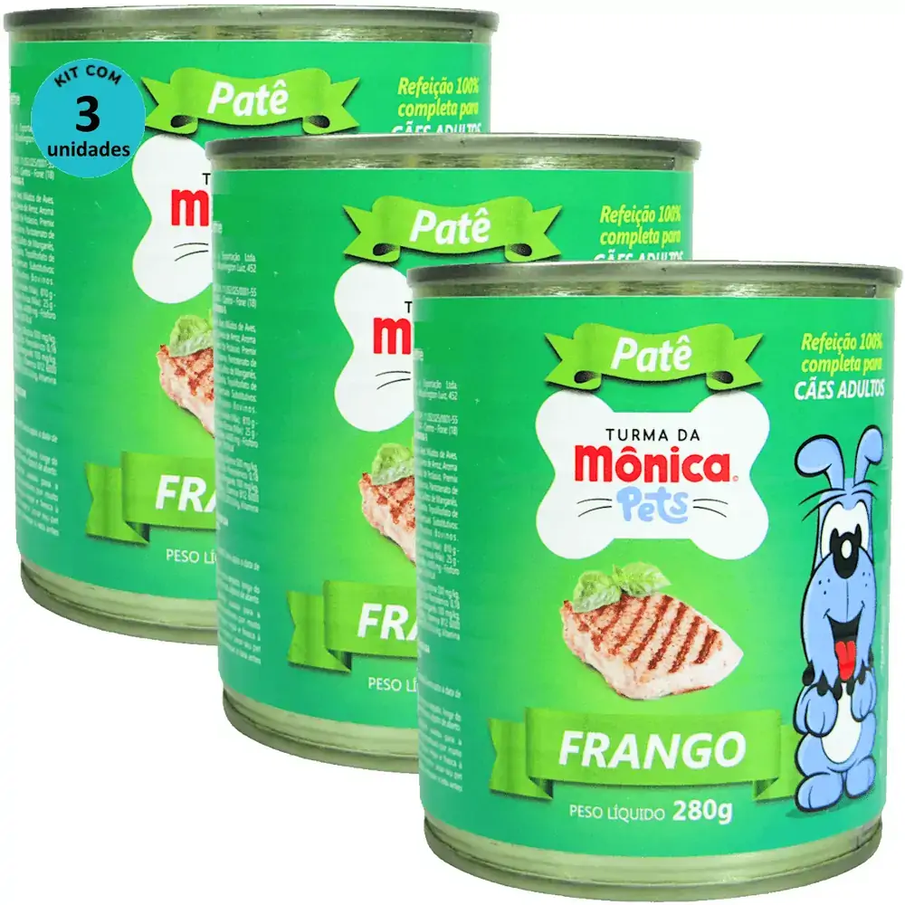 Ração Úmida Turma da Mônica Pets Patê Sabor Frango 280g Cães Adultos Kit 3 un