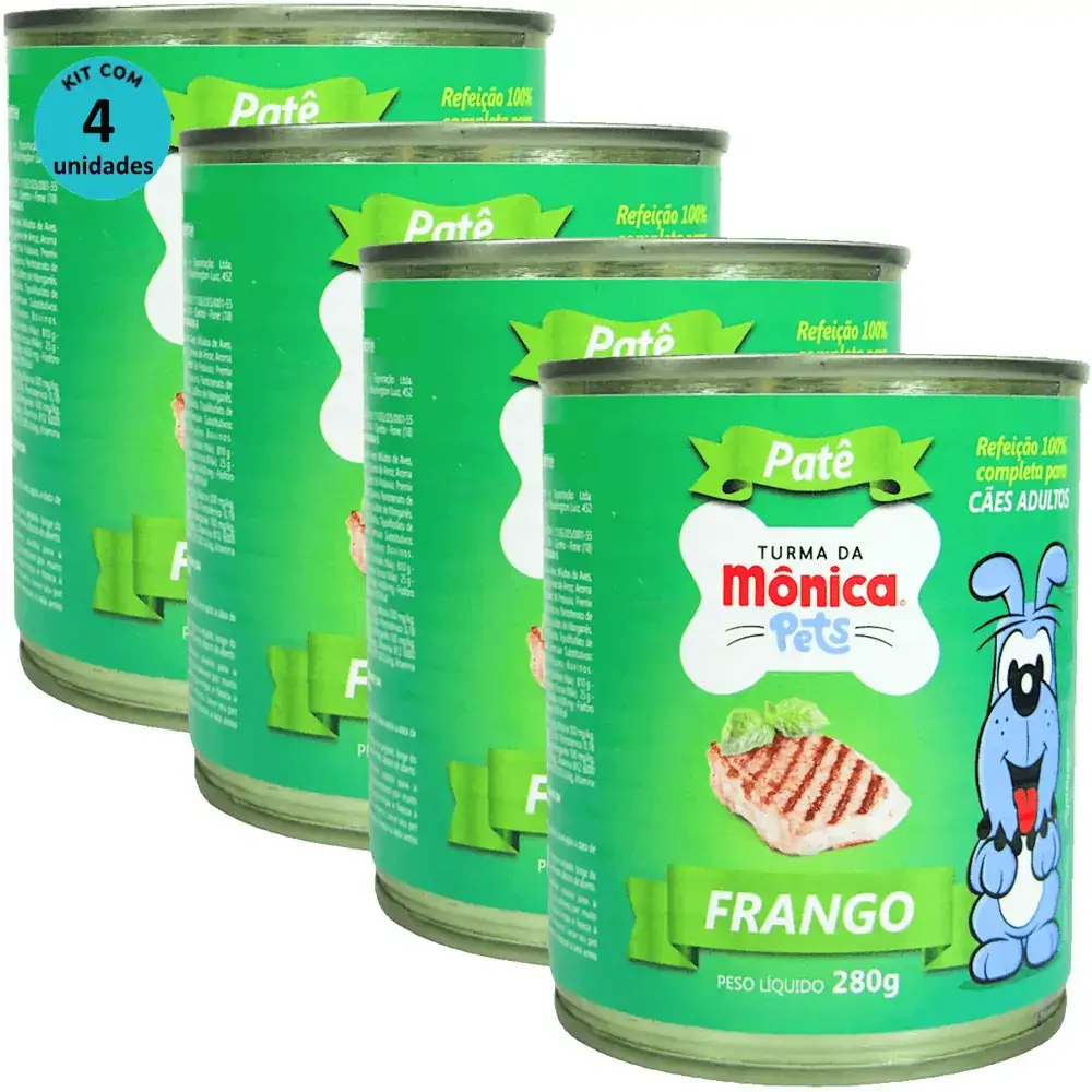 Ração Úmida Turma da Mônica Pets Patê Sabor Frango 280g Cães Adultos Kit 4 un
