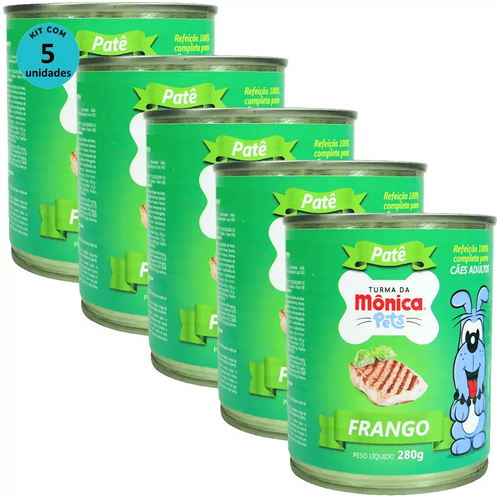 Ração Úmida Turma da Mônica Pets Patê Sabor Frango 280g Cães Adultos Kit 5 un