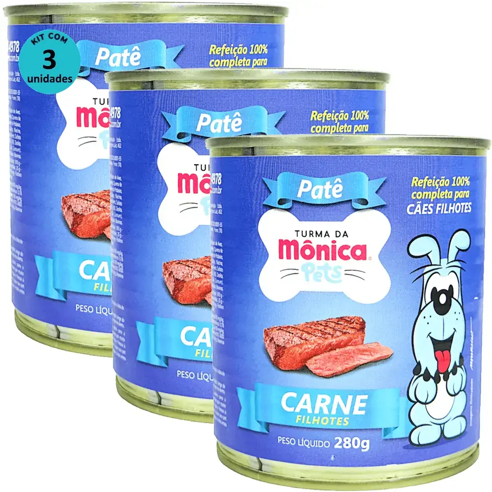 Ração Úmida Turma da Mônica Pets Patê Sabor Carne 280g Cães Filhotes Kit 3 un