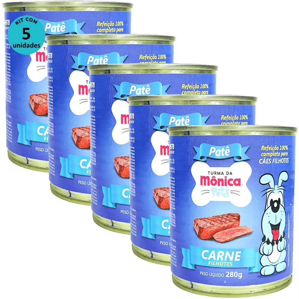 Ração Úmida Turma da Mônica Pets Patê Sabor Carne 280g Cães Filhotes Kit 5 un