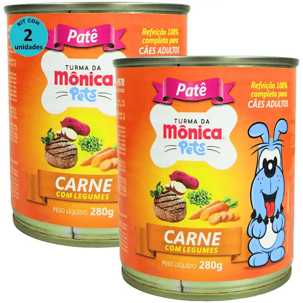 Ração Úmida Turma da Mônica Pets Patê Sabor Carne com Legumes 280g Cães Adultos Kit 2 un