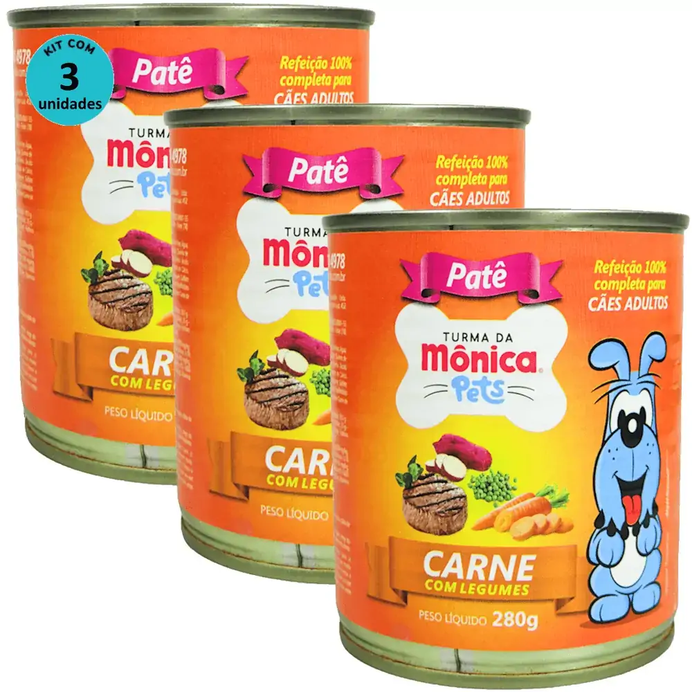 Ração Úmida Turma da Mônica Pets Patê Sabor Carne com Legumes 280g Cães Adultos Kit 3 un