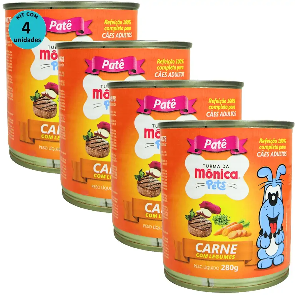 Ração Úmida Turma da Mônica Pets Patê Sabor Carne com Legumes 280g Cães Adultos Kit 4 un
