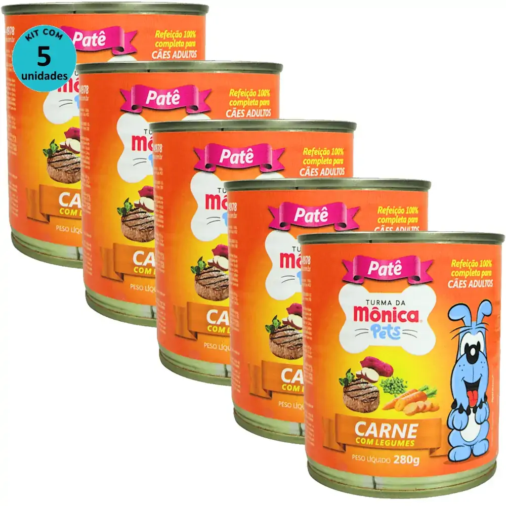 Ração Úmida Turma da Mônica Pets Patê Sabor Carne com Legumes 280g Cães Adultos Kit 5 un