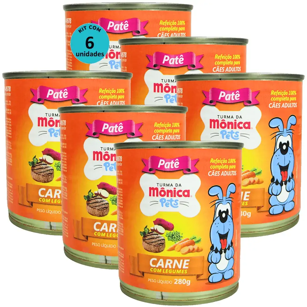Ração Úmida Turma da Mônica Pets Patê Sabor Carne com Legumes 280g Cães Adultos Kit 6 un