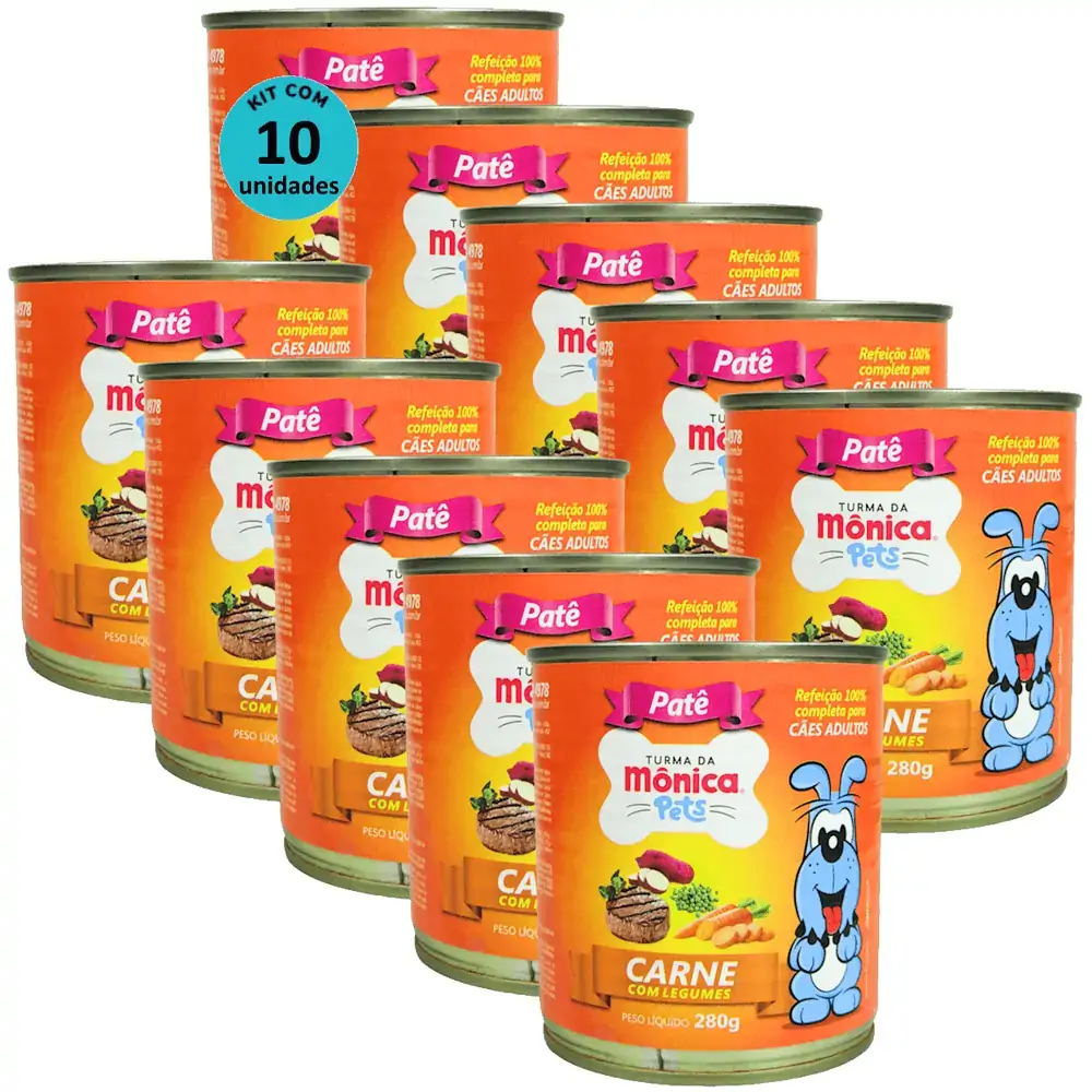 Ração Úmida Turma da Mônica Pets Patê Sabor Carne com Legumes 280g Cães Adultos Kit 10 un