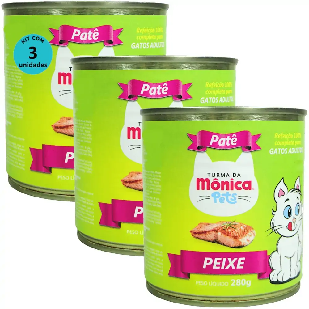 Ração Úmida Turma da Mônica Pets Patê Sabor Peixe 280g Gatos Adultos Kit 3 un