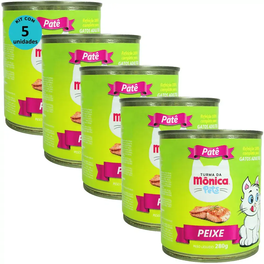 Ração Úmida Turma da Mônica Pets Patê Sabor Peixe 280g Gatos Adultos Kit 5 un