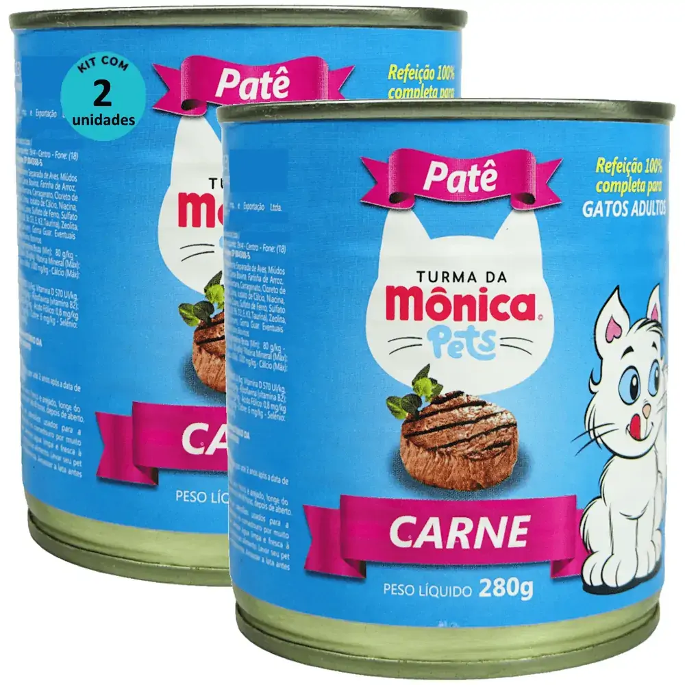 Ração Úmida Turma da Mônica Pets Patê Sabor Carne 280g Gatos Adultos Kit 2 un