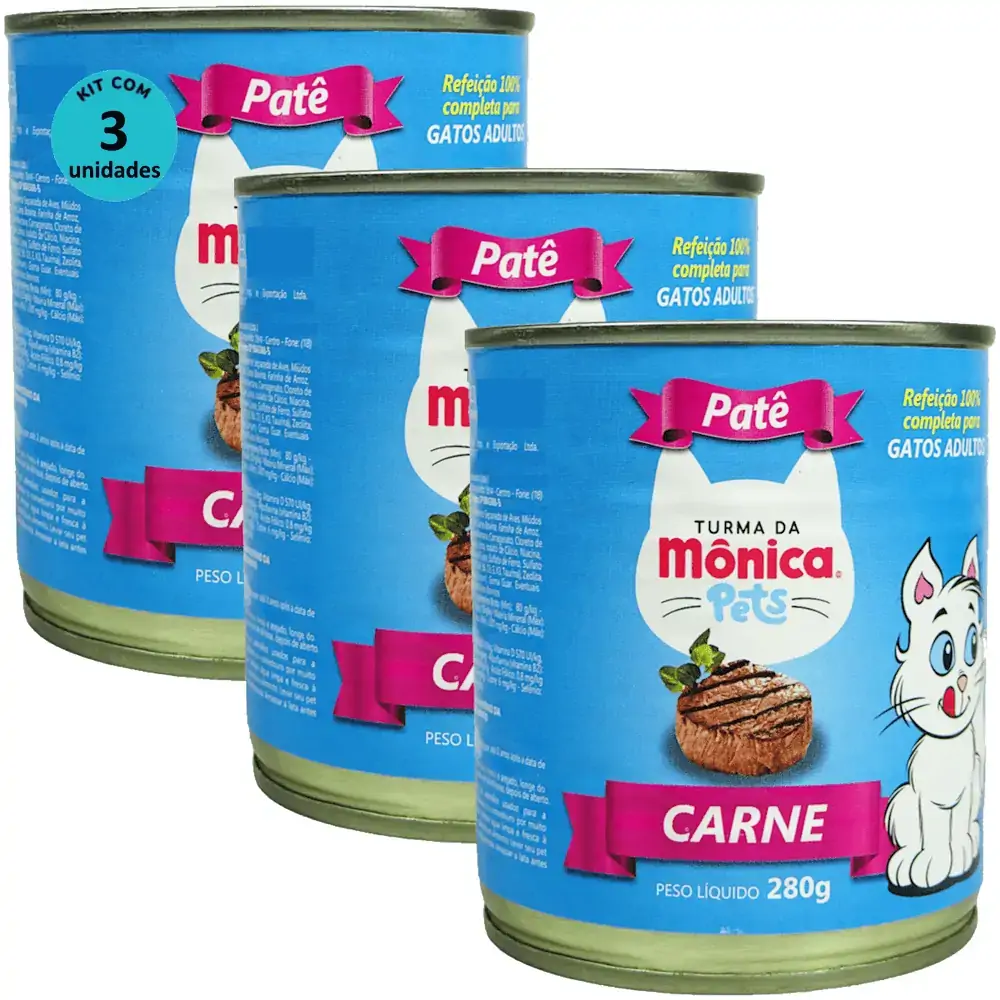Ração Úmida Turma da Mônica Pets Patê Sabor Carne 280g Gatos Adultos Kit 3 un