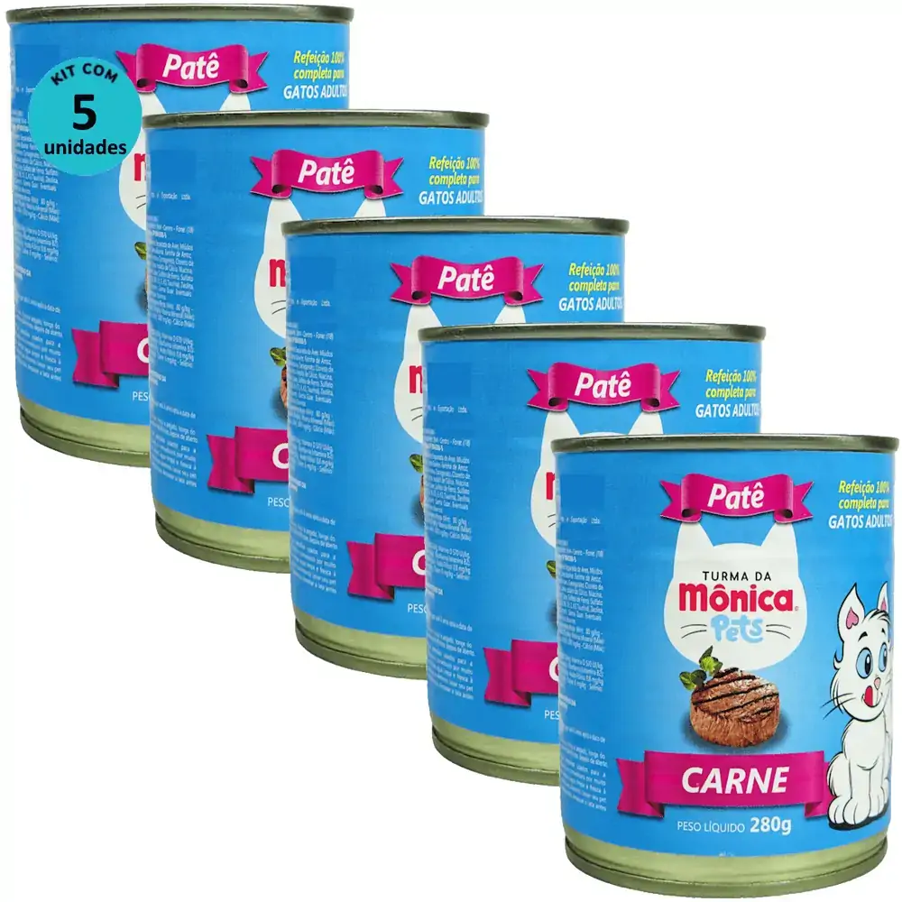 Ração Úmida Turma da Mônica Pets Patê Sabor Carne 280g Gatos Adultos Kit 5 un