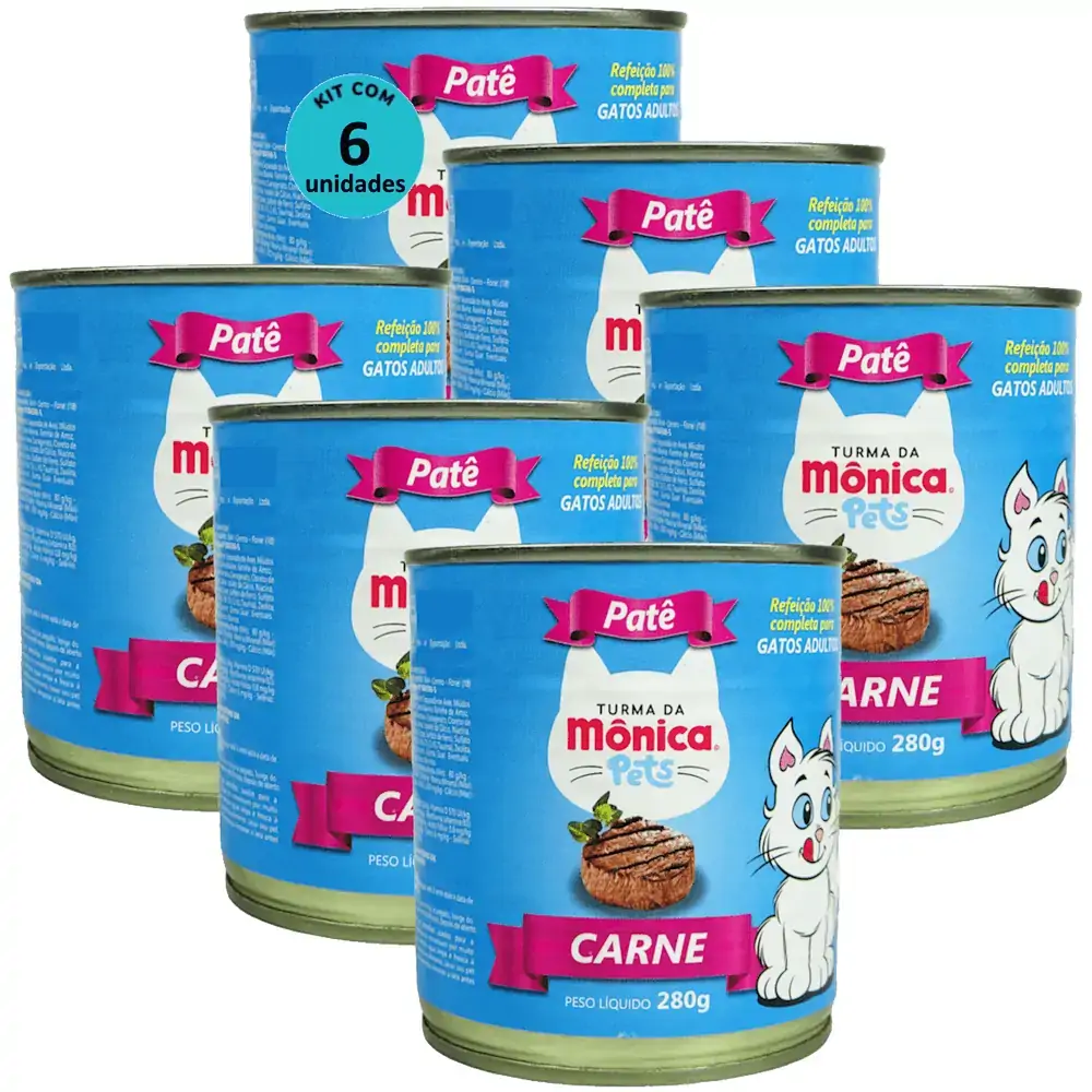 Ração Úmida Turma da Mônica Pets Patê Sabor Carne 280g Gatos Adultos Kit 6 un