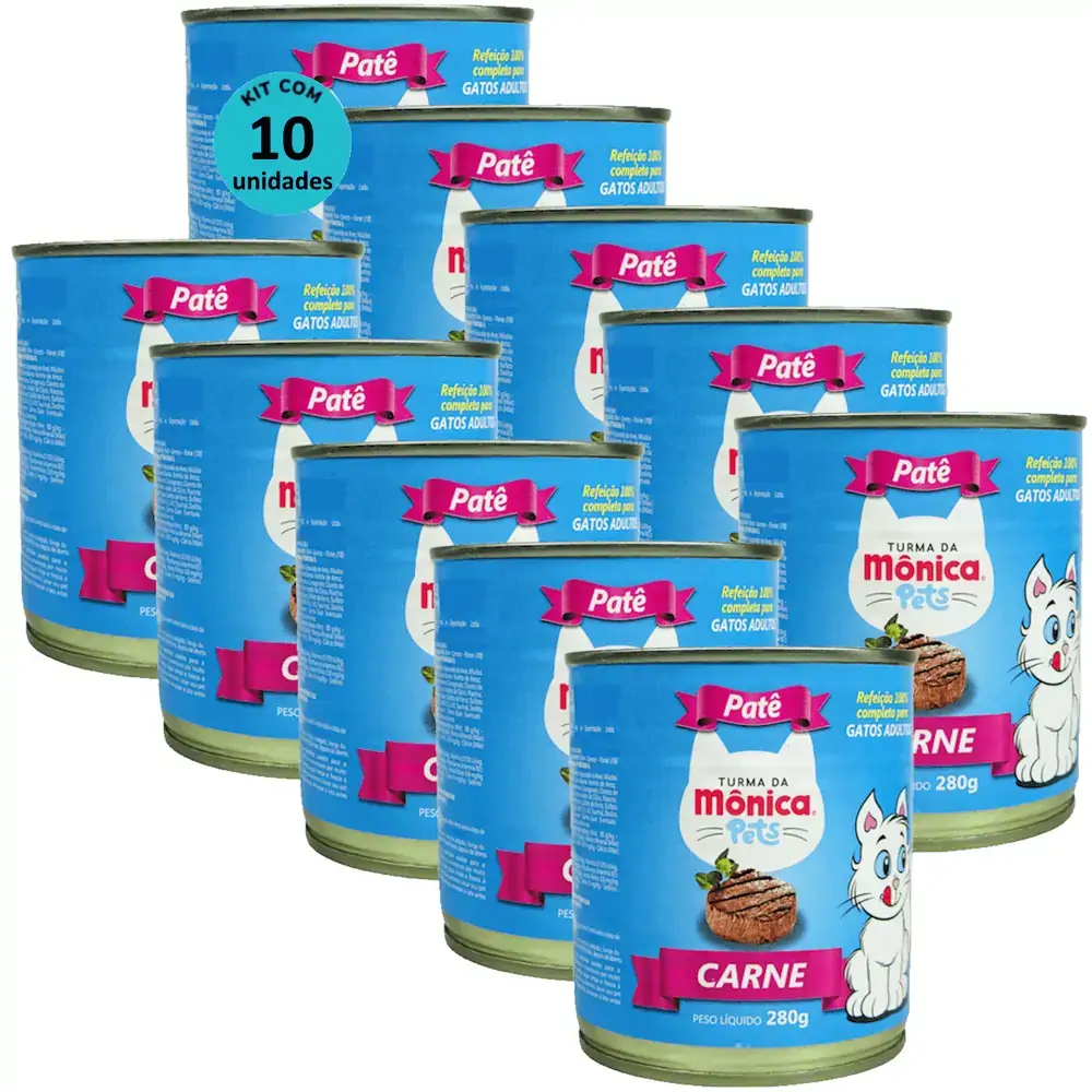 Ração Úmida Turma da Mônica Pets Patê Sabor Carne 280g Gatos Adultos Kit 10 un