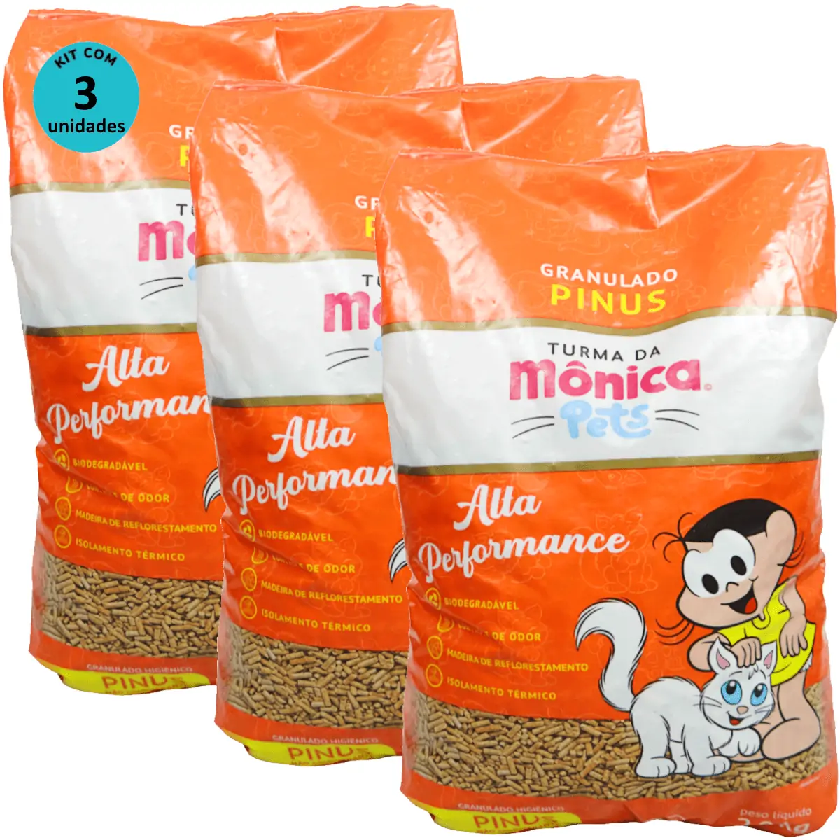 Granulado Sanitário Pinus Turma da Mônica Pets 2kg Para Gatos Kit 3 un