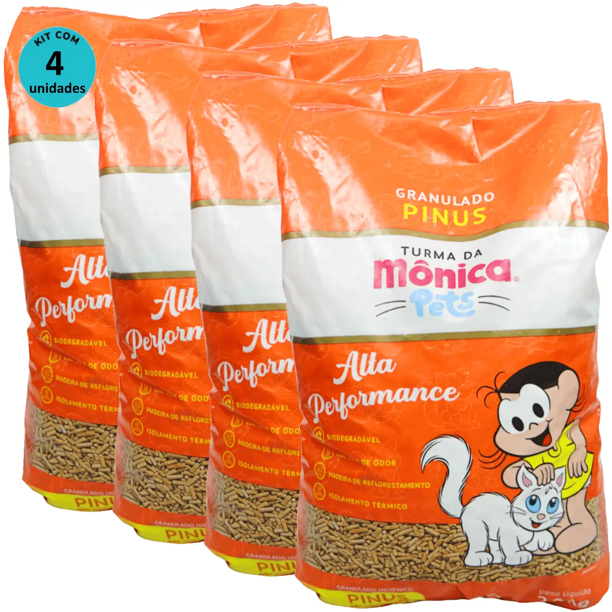 Granulado Sanitário Pinus Turma da Mônica Pets 2kg Para Gatos Kit 4 un