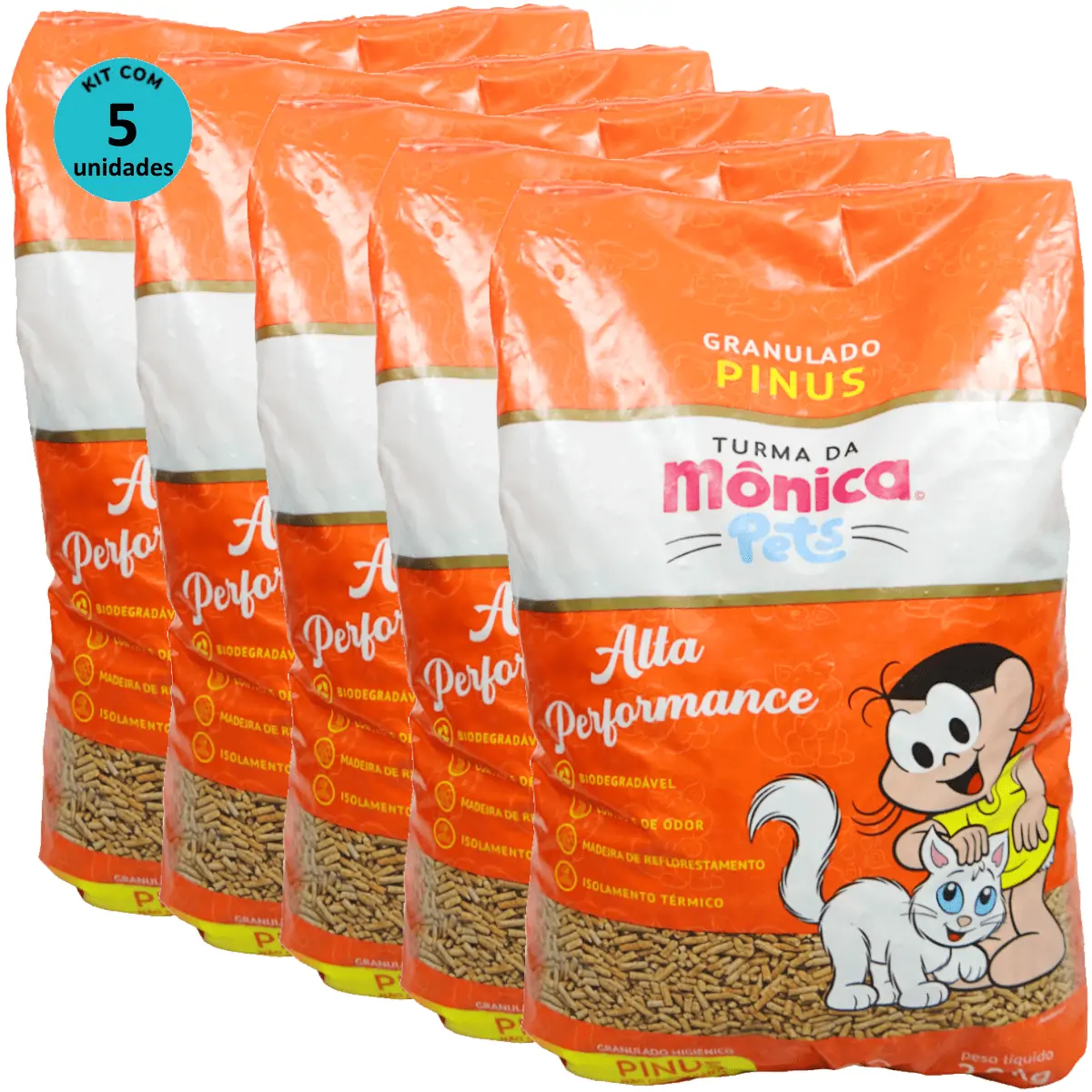 Granulado Sanitário Pinus Turma da Mônica Pets 2kg Para Gatos Kit 5 un