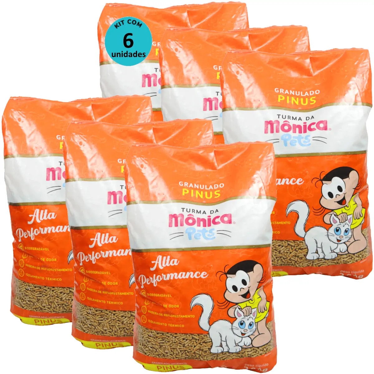 Granulado Sanitário Pinus Turma da Mônica Pets 2kg Para Gatos Kit 6 un