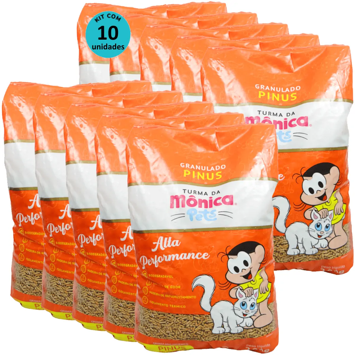 Granulado Sanitário Pinus Turma da Mônica Pets 2kg Para Gatos Kit 10 un