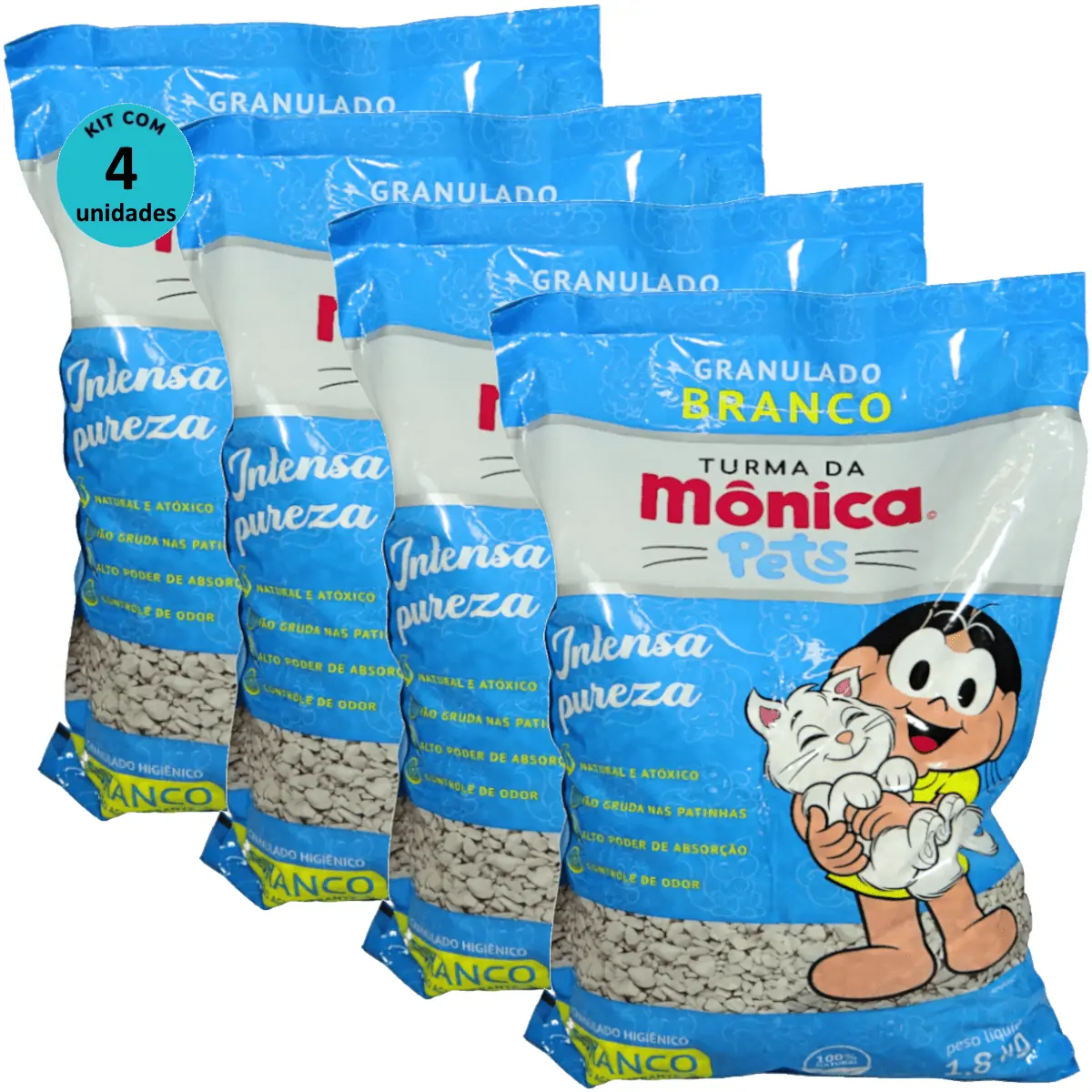 Granulado Sanitário Branco Diatomita Turma da Mônica Pets 1,8kg Para Gatos Kit 4 un