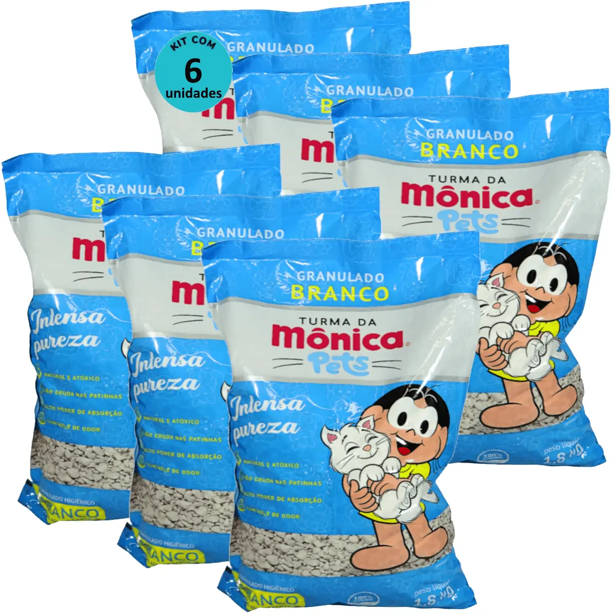 Granulado Sanitário Branco Diatomita Turma da Mônica Pets 1,8kg Para Gatos Kit 6 un