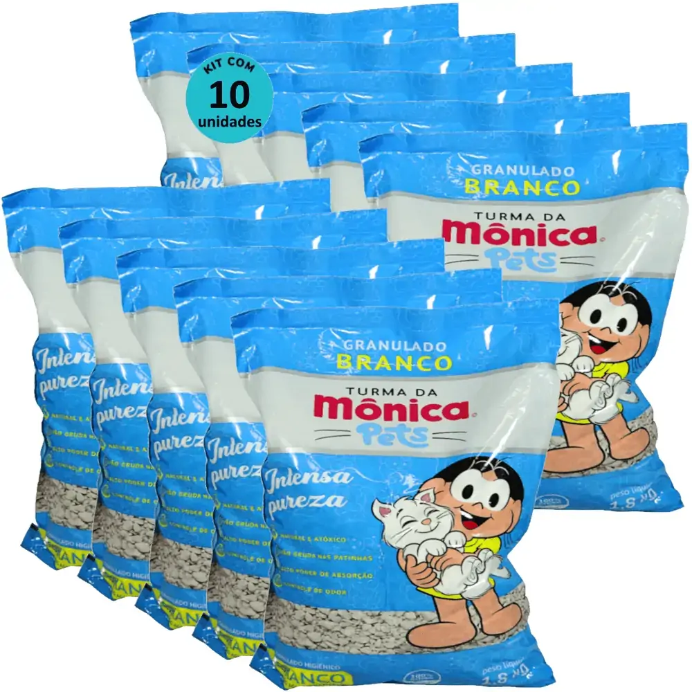 Granulado Sanitário Branco Diatomita Turma da Mônica Pets 1,8kg Para Gatos Kit 10 un