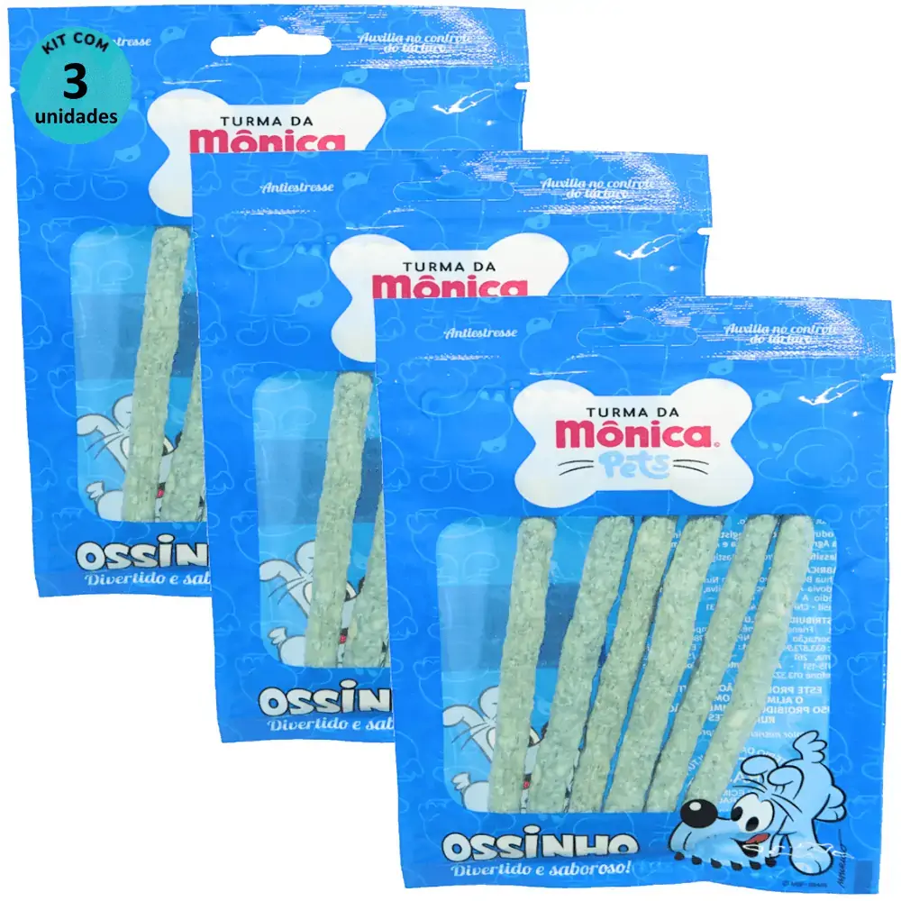 Ossinho Palito Bidu Turma da Mônica Pets 10mm Com 6 unidades (Cor Azul) Kit Com 3