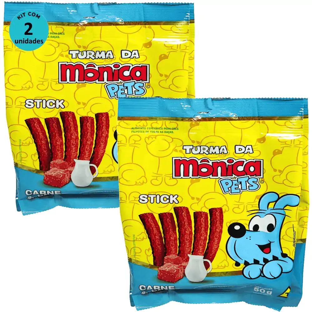 Petisco Turma da Mônica Pets Stick Para Cães Filhotes Sabor Carne e Leite 50g Kit Com 2