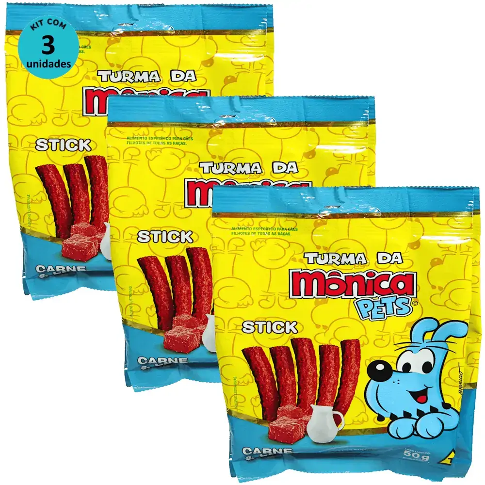 Petisco Turma da Mônica Pets Stick Para Cães Filhotes Sabor Carne e Leite 50g Kit Com 3