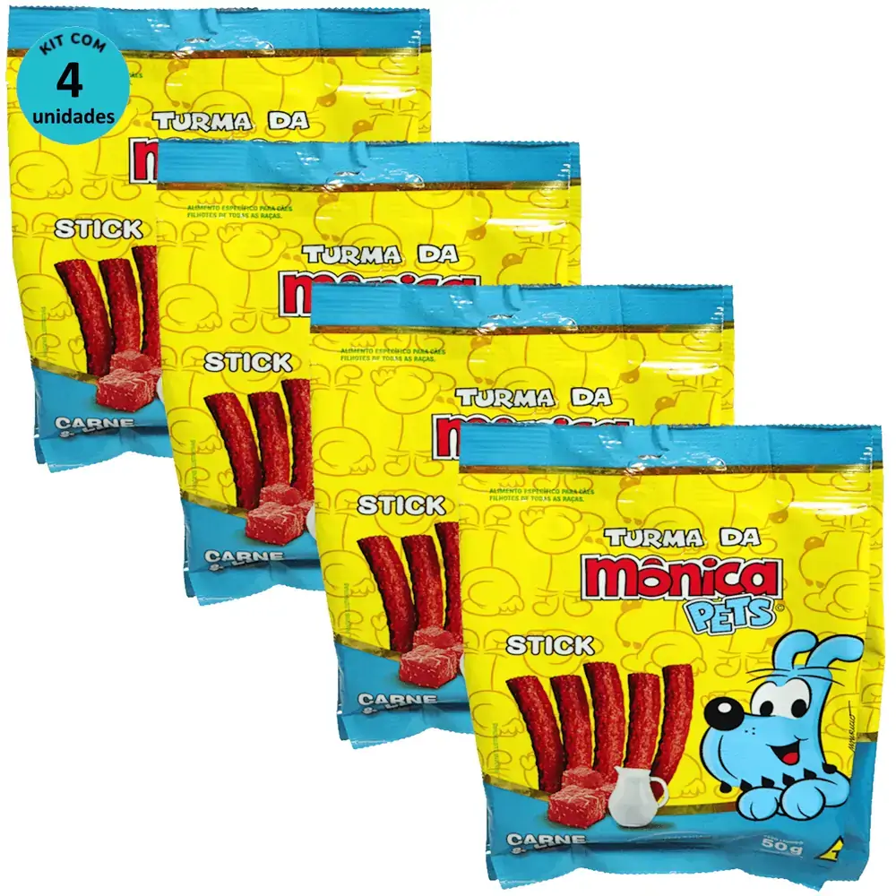 Petisco Turma da Mônica Pets Stick Para Cães Filhotes Sabor Carne e Leite 50g Kit Com 4