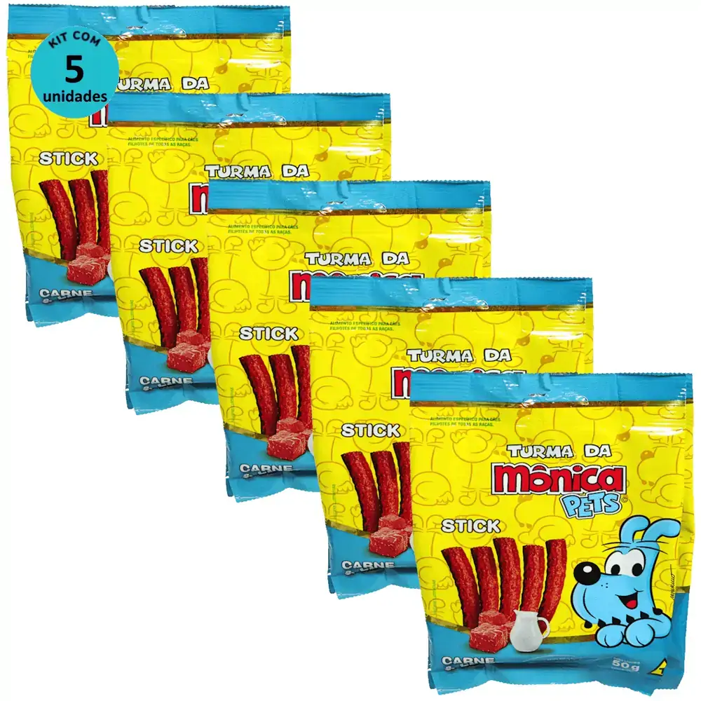 Petisco Turma da Mônica Pets Stick Para Cães Filhotes Sabor Carne e Leite 50g Kit Com 5