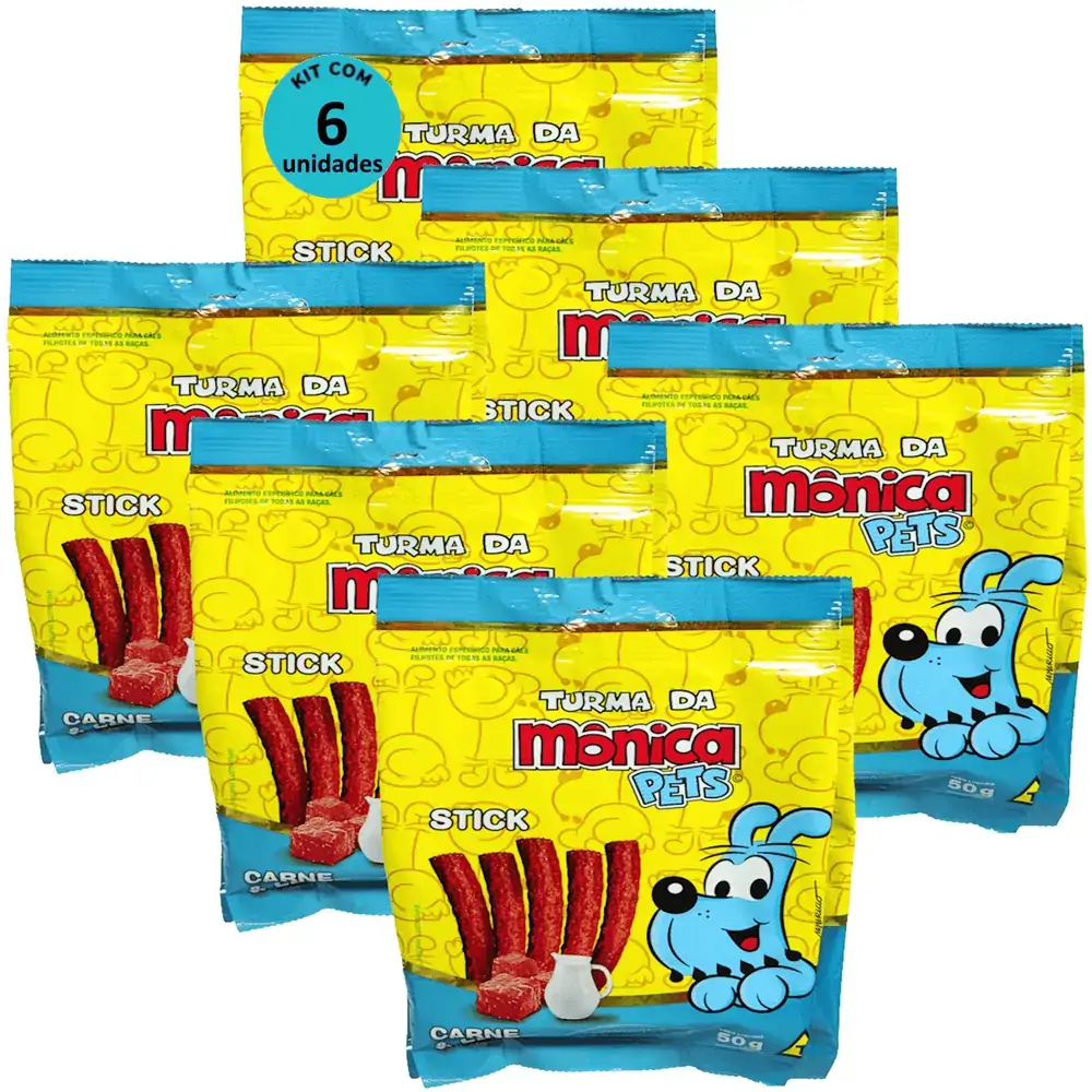 Petisco Turma da Mônica Pets Stick Para Cães Filhotes Sabor Carne e Leite 50g Kit Com 6