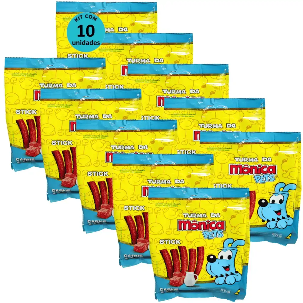 Petisco Turma da Mônica Pets Stick Para Cães Filhotes Sabor Carne e Leite 50g Kit Com 10