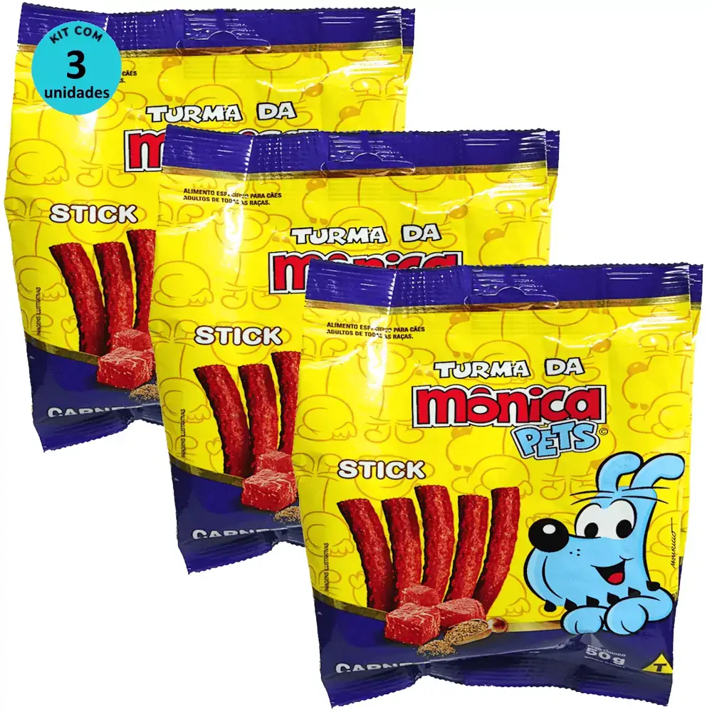 Petisco Turma da Mônica Pets Stick Para Cães Adultos Sabor Carne e Cereais 50g Kit Com 3