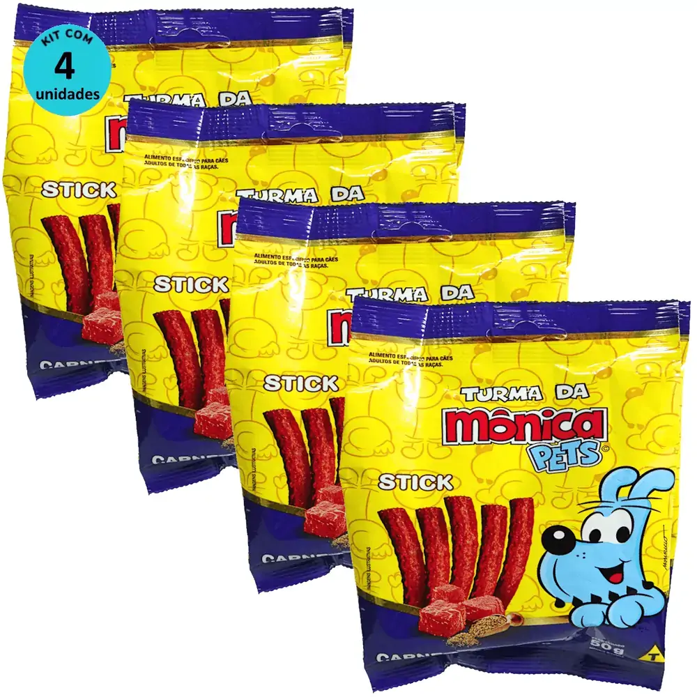 Petisco Turma da Mônica Pets Stick Para Cães Adultos Sabor Carne e Cereais 50g Kit Com 4