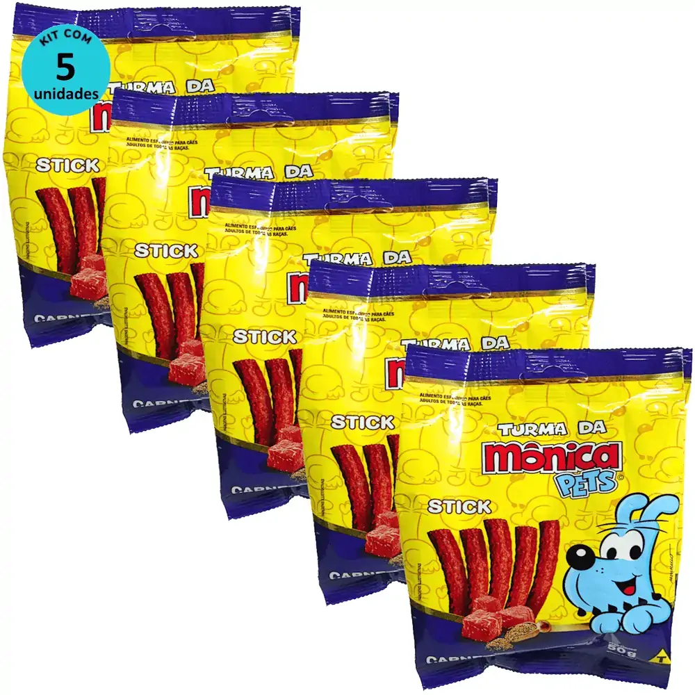 Petisco Turma da Mônica Pets Stick Para Cães Adultos Sabor Carne e Cereais 50g Kit Com 5