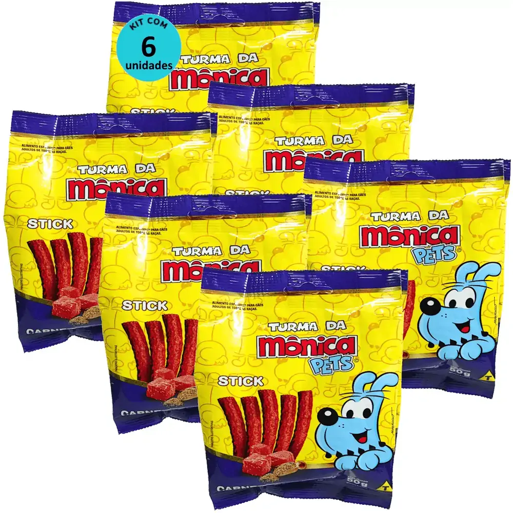 Petisco Turma da Mônica Pets Stick Para Cães Adultos Sabor Carne e Cereais 50g Kit Com 6