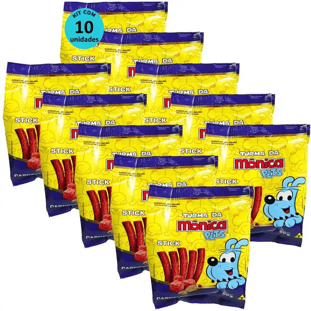 Petisco Turma da Mônica Pets Stick Para Cães Adultos Sabor Carne e Cereais 50g Kit Com 10