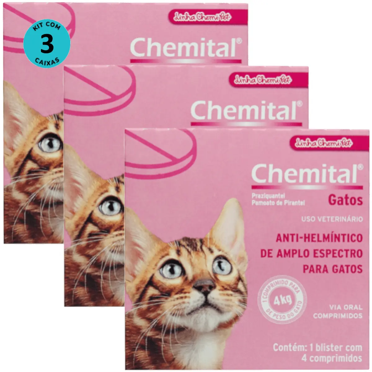 Chemital Com 4 Comprimidos Chemitec Vermífugo Para Gatos Kit Com 3 Cx