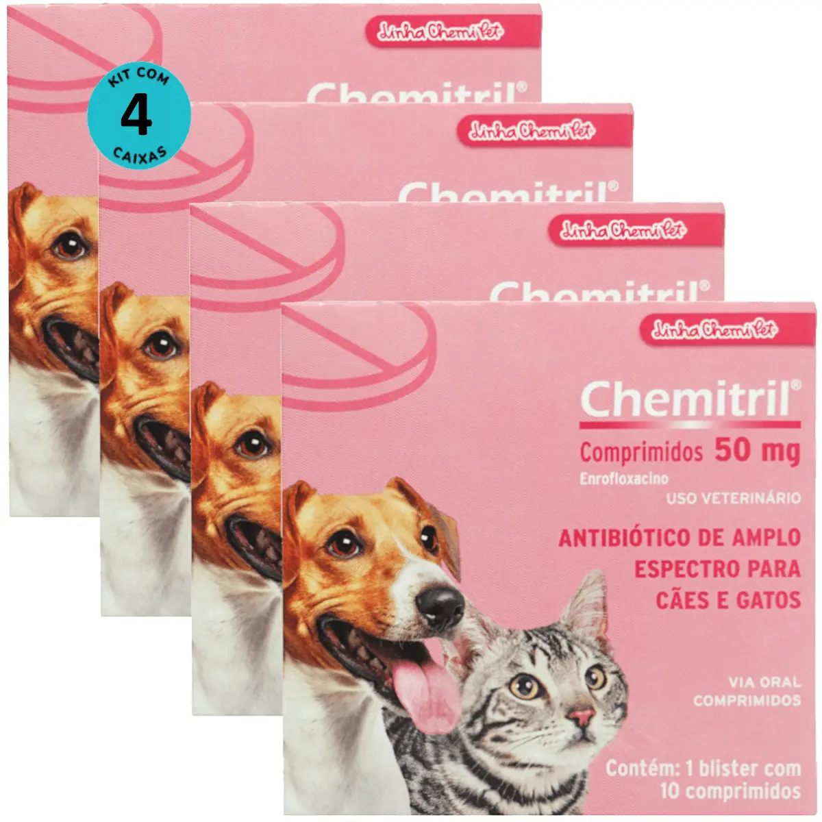 Chemitril 50mg Com 10 Comprimidos Para Cães e Gatos Chemitec Kit Com 4