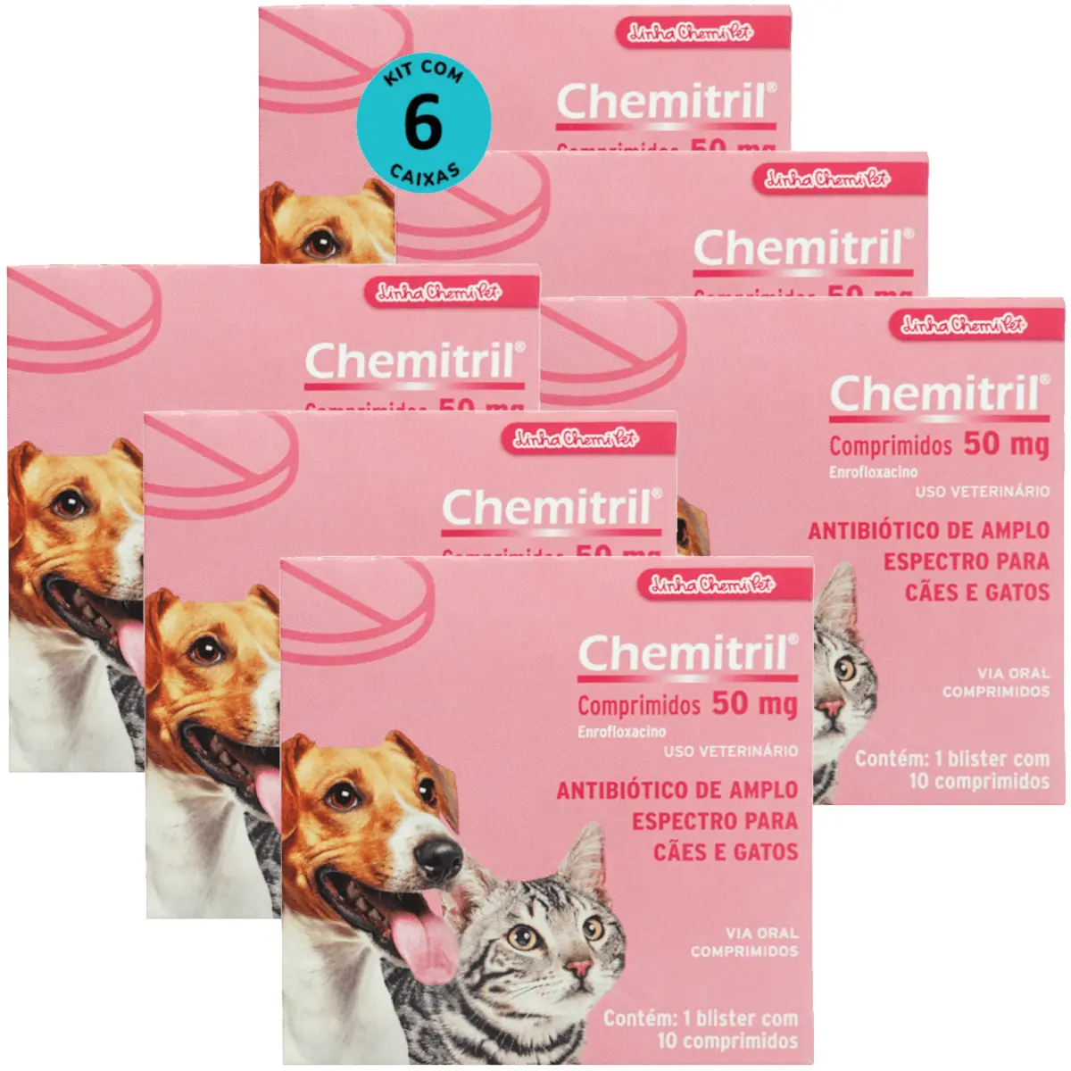 Chemitril 50mg Com 10 Comprimidos Para Cães e Gatos Chemitec Kit Com 6