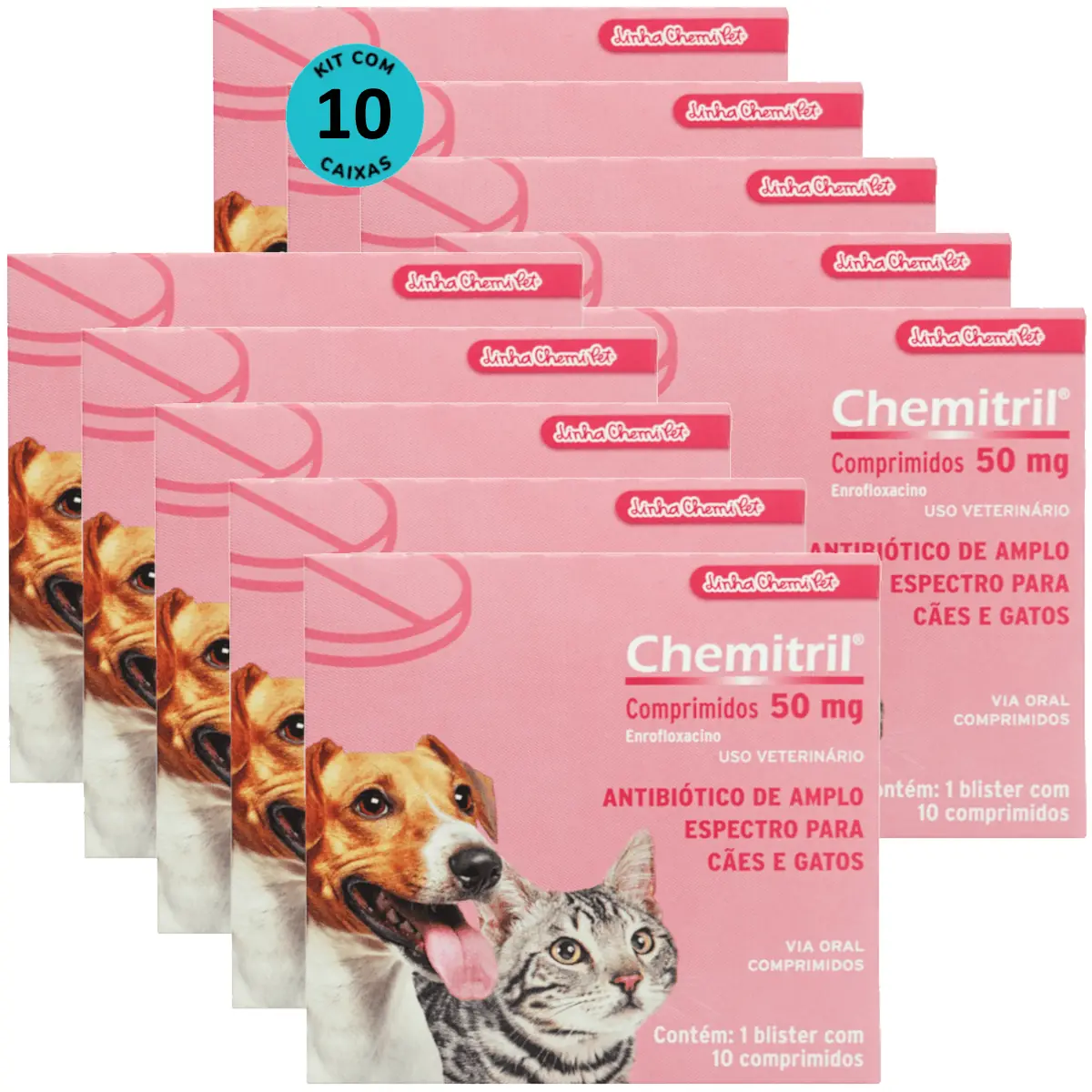 Chemitril 50mg Com 10 Comprimidos Para Cães e Gatos Chemitec Kit Com 10