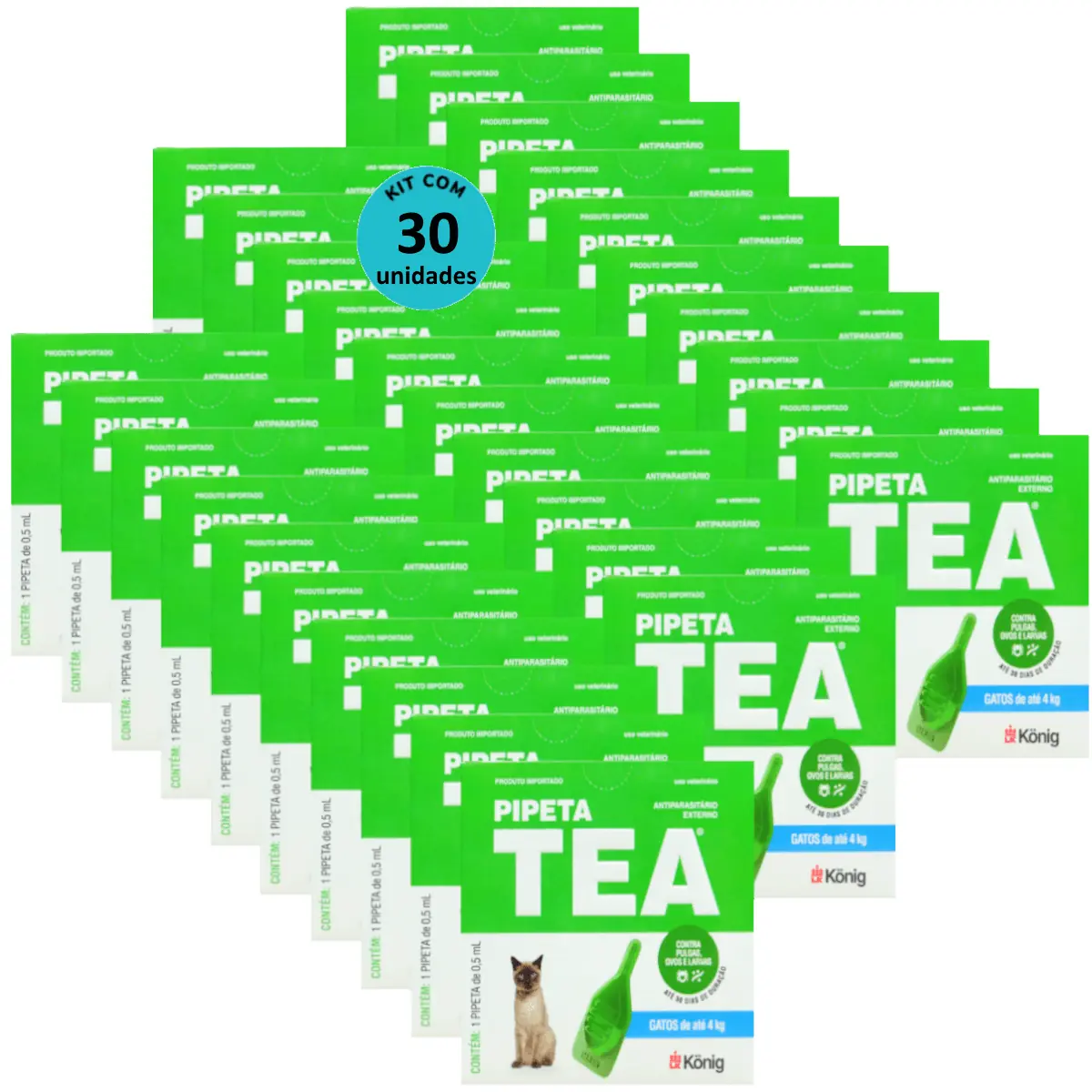 Pipeta Tea 0,5 ml Antiparasitário Contra Pulgas para Gatos de até 4 Kg König Kit Com 30