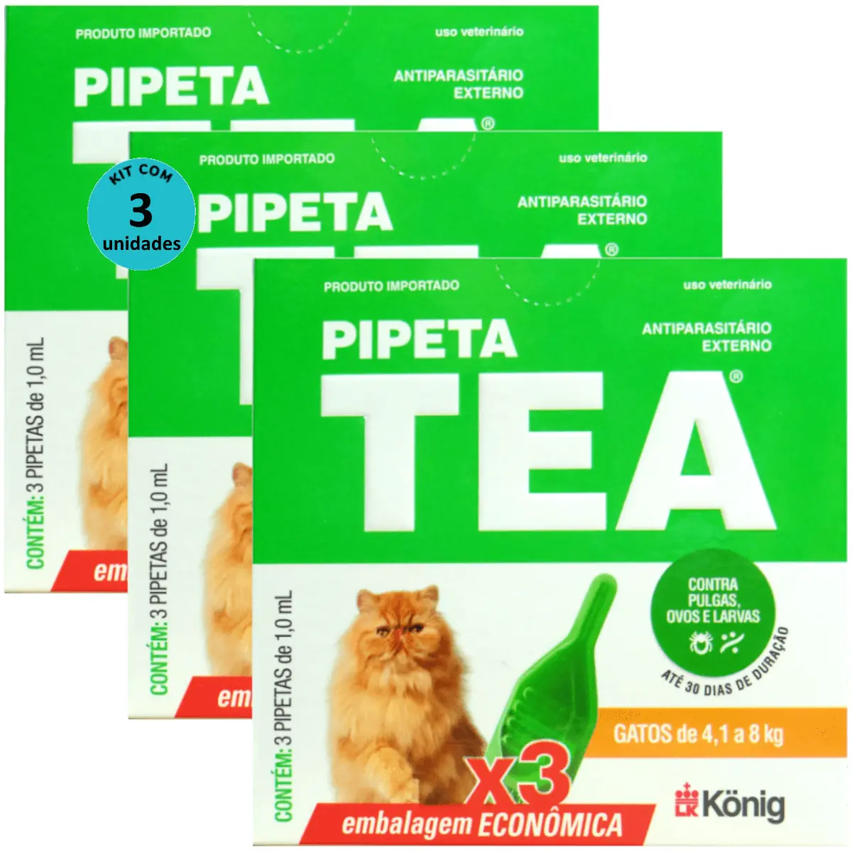 Pipeta Tea 1,0 ml Antiparasitário Contra Pulgas P/ Gatos de 4,1 até 8 Kg C/ 3 unid. Kit C/ 3 Cxs
