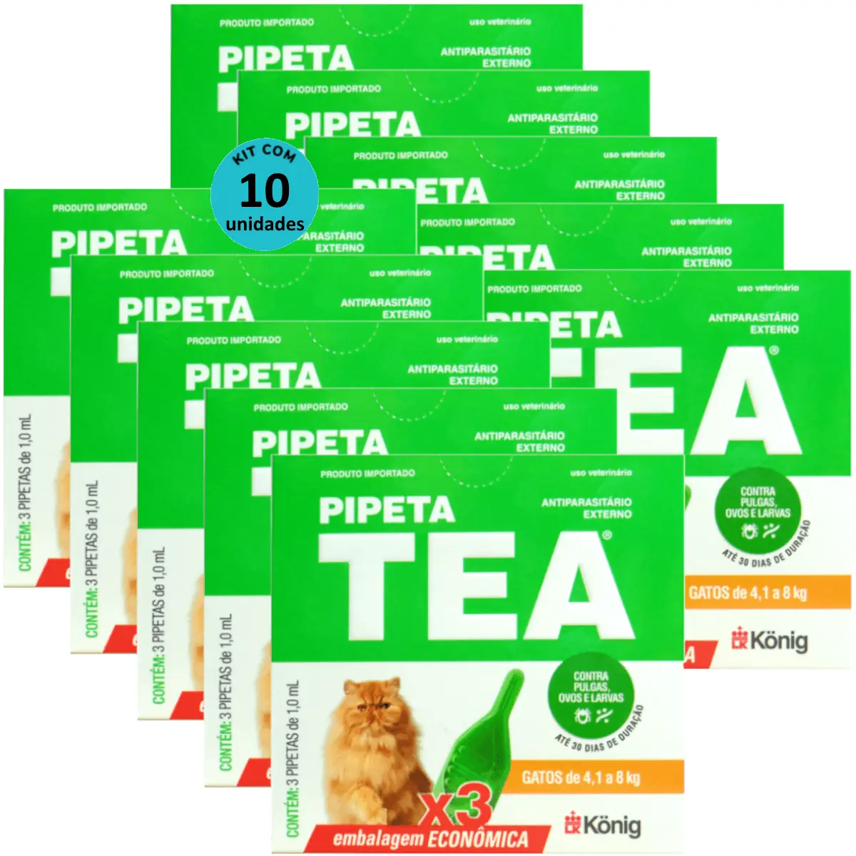 Pipeta Tea 1,0 ml Antiparasitário Contra Pulgas P/ Gatos de 4,1 até 8 Kg C/ 3 unid. Kit C/ 10 Cxs