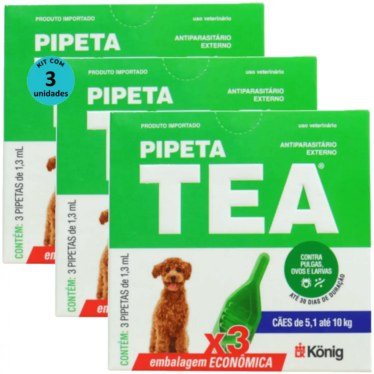 Pipeta Tea 1,3 ml Antiparasitário Contra Pulgas P/ Cães de 5,1 até 10 Kg C/ 3 unid. Kit C/ 3 Cxs