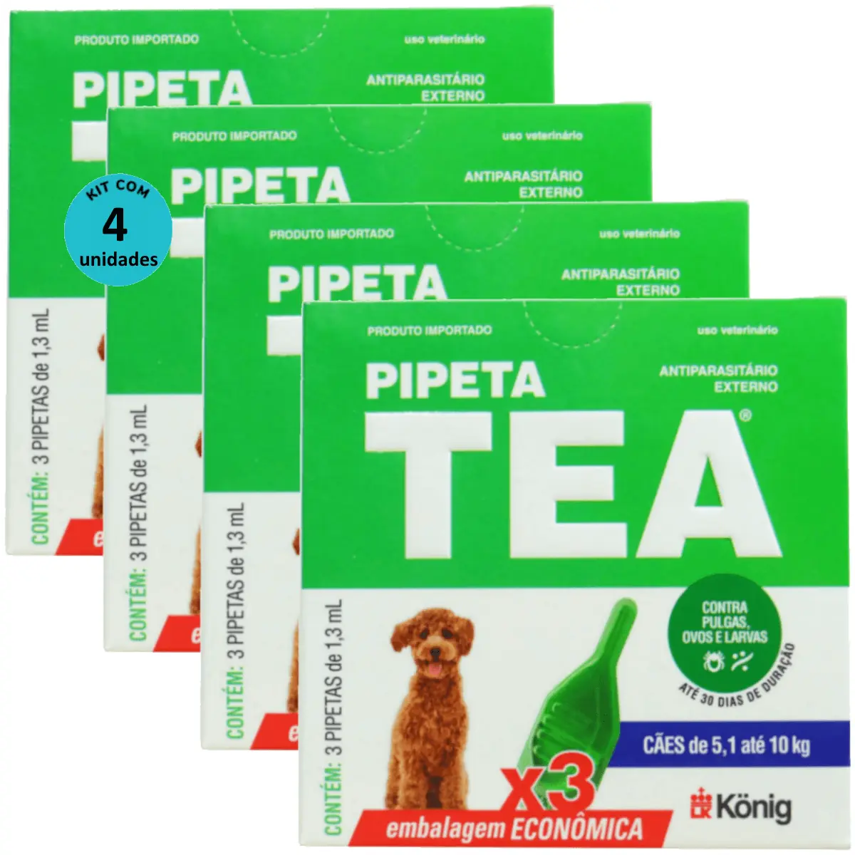 Pipeta Tea 1,3 ml Antiparasitário Contra Pulgas P/ Cães de 5,1 até 10 Kg C/ 3 unid. Kit C/ 4 Cxs
